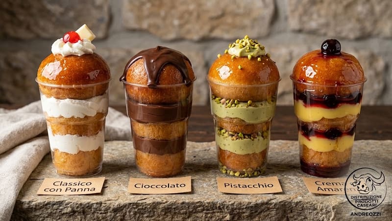 Quattro babà in bicchiere in gusti diversi con i cartellini: classico con panna, cioccolato, pistacchio
