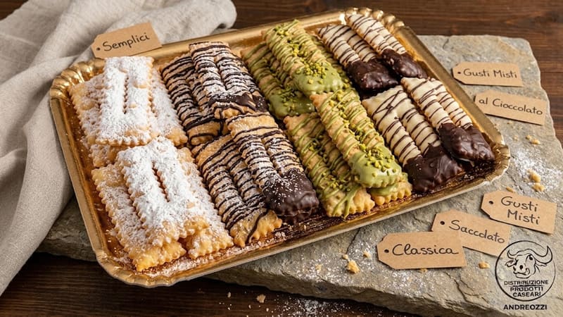 Chiacchiere di Carnevale con zucchero a velo e ricoperte di cioccolato e pistacchio su un vassoio