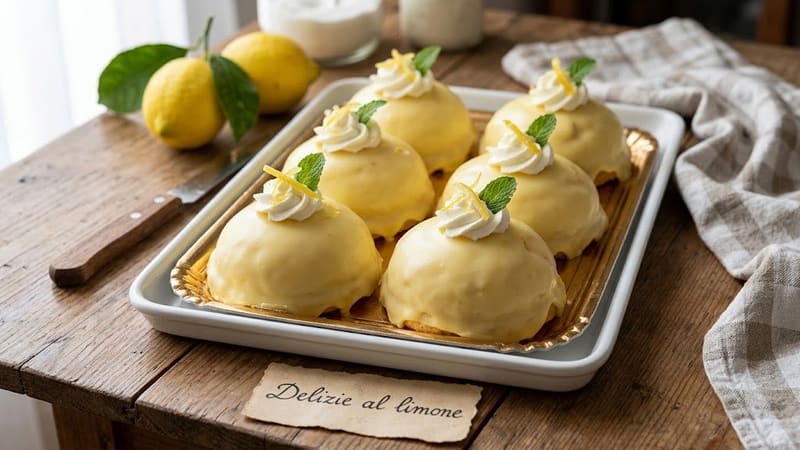 Sei delizie al limone glassate con un ciuffo di panna e foglie di menta, in una teglia bianca