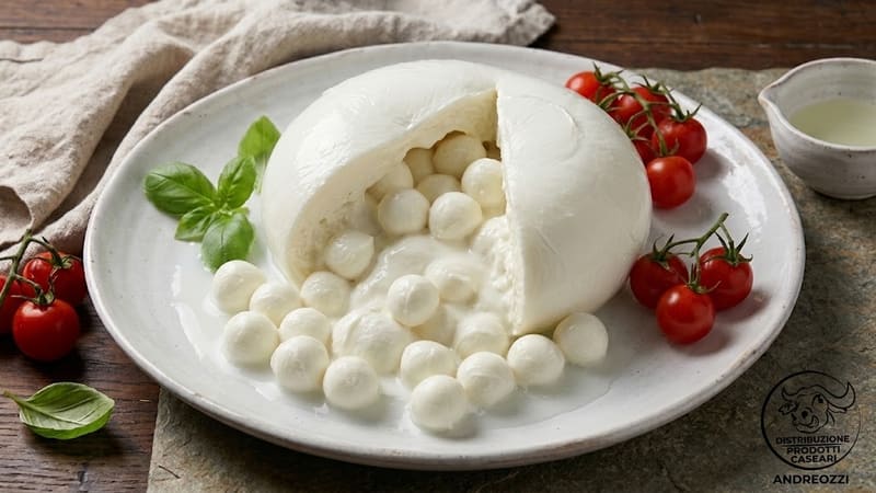 Una figliata di bufala tagliata che mostra i bocconcini all'interno, con pomodorini