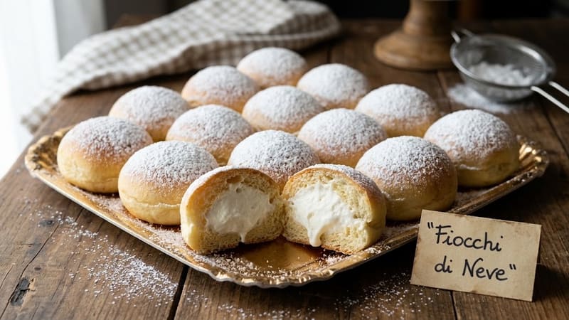 Fiocchi di neve coperti di zucchero a velo su un vassoio dorato, due tagliati a metà con la crema al latte