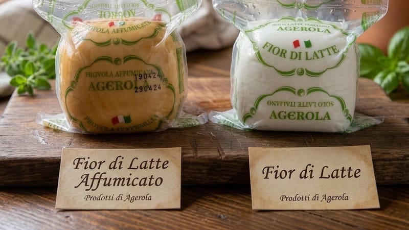 Fior di latte naturale e affumicato nelle loro confezioni, su un tagliere di legno
