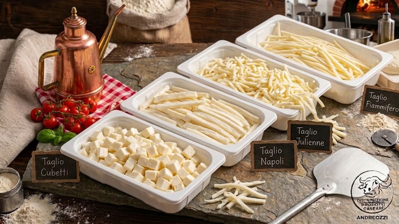 Vaschette di fior di latte in diversi tagli, julienne e cubetti, su un banco da pizzeria