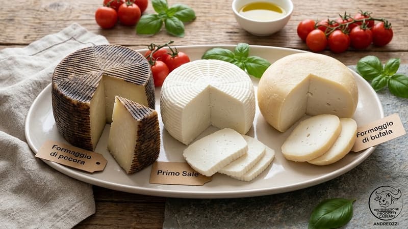 Formaggi di diverse tipologie, interi e a fette, su un tagliere