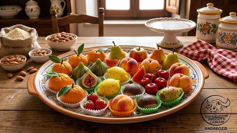 Frutti di pasta reale colorati su un vassoio