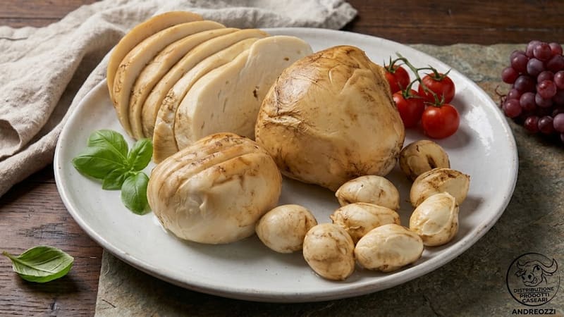 Mozzarelle di bufala affumicate dalla buccia ambrata su un piatto, con pomodorini