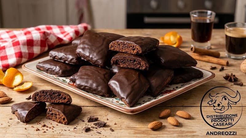Mustaccioli ricoperti di cioccolato su un vassoio