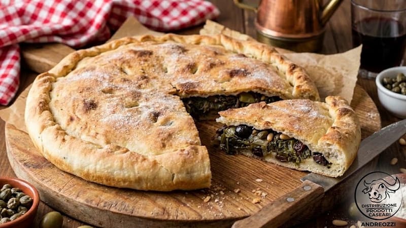 Una pizza di scarola ripiena, intera e con una fetta tagliata, su un tagliere
