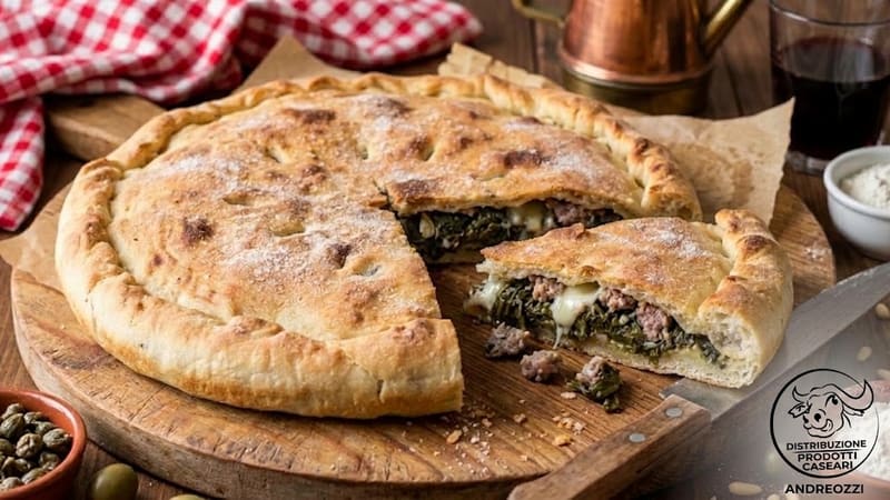 Una pizza rustica ripiena, intera e con una fetta tagliata, su un tagliere