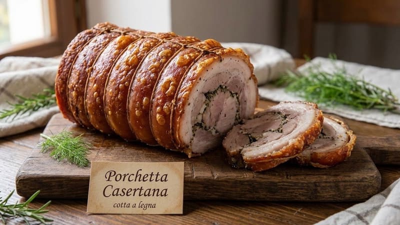 Porchetta casertana arrotolata e legata, con due fette tagliate su un tagliere di legno