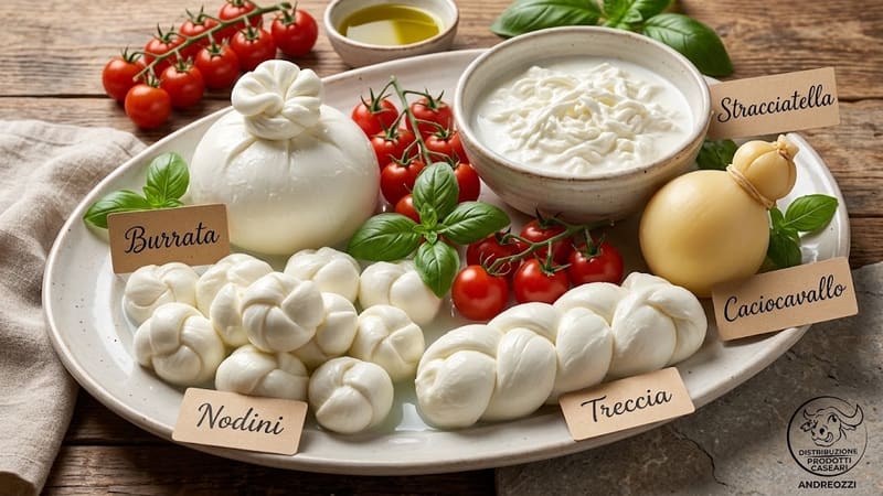 Latticini pugliesi su un vassoio con le etichette: burrata, stracciatella, nodini, treccia e caciocavallo