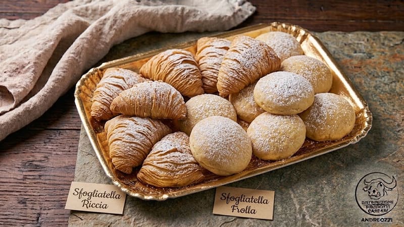 Sfogliatelle ricce e frolle su un vassoio dorato con i cartellini