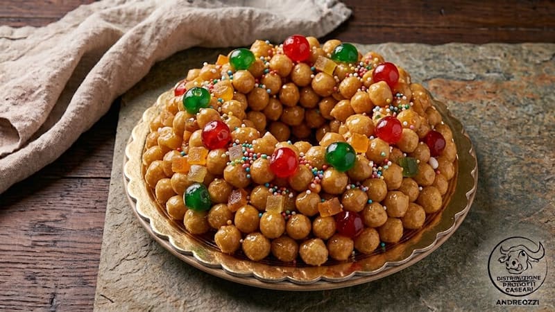 Una corona di struffoli al miele con confettini colorati su un piatto