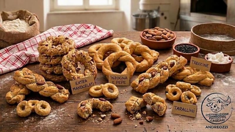 Taralli di diverse versioni con i cartellini, su un tavolo di legno