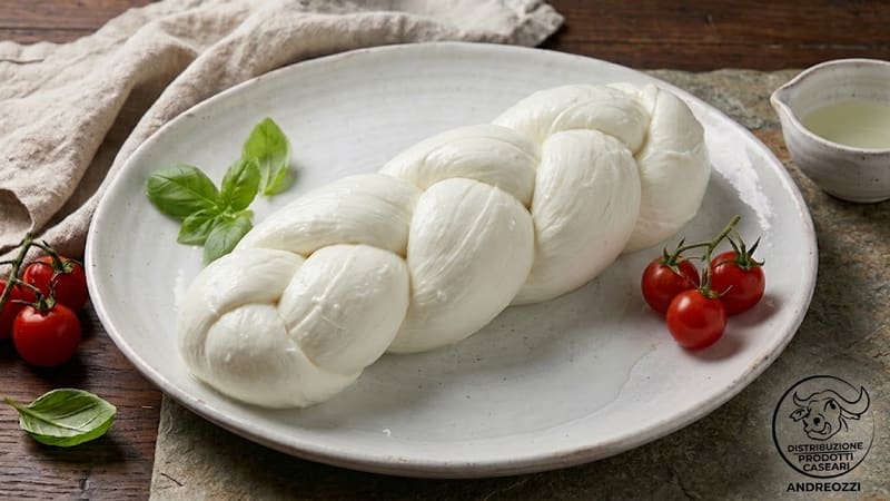 Una treccia di bufala intera su un piatto bianco, con pomodorini e basilico