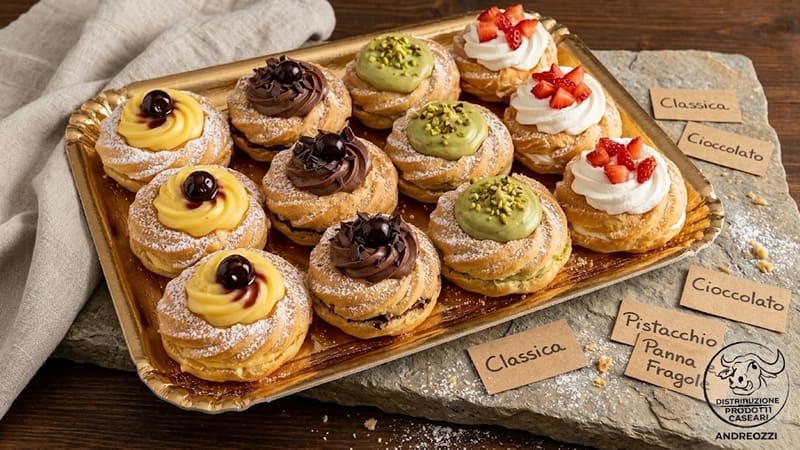 Zeppole di San Giuseppe in gusti diversi su un vassoio dorato con i cartellini